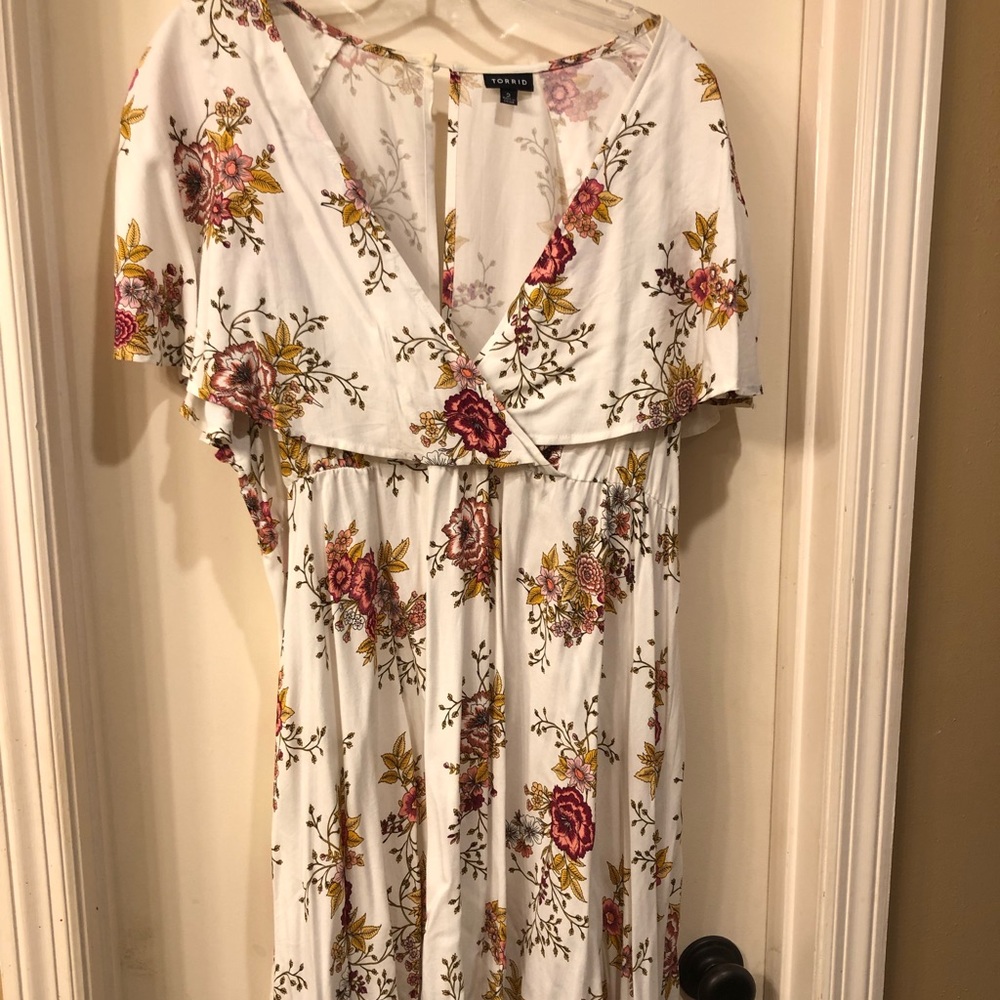 Soft floral spring dress with deep neck line